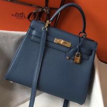 AAA Hermes Blue Agate Clemence Kelly 28cm Handbag