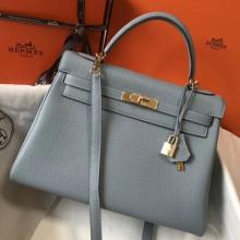 Hermes Blue Lin Clemence Kelly 32cm Retourne Handbag