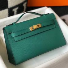 Luxury Faux Hermes Kelly Pochette Bag In Vert Veronese Epsom Leather