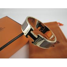 Top Replica Hermes Brown Enamel Clic H Bracelet Narrow Width (18mm) In Gold