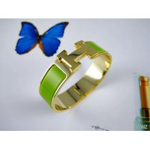 Best Quality Hermes Green Enamel Clic H Bracelet Narrow Width (18mm) In Gold