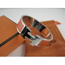 Hermes Orange Enamel Clic H Bracelet Narrow Width (18mm) In Silver