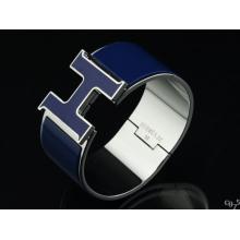 Luxury Hermes Blue Enamel Clic H Bracelet Narrow Width (33mm) In Silver