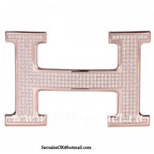 Fake Hermes Reversible Belt 18k Rose Gold Plated H Buckle With Full Diamonds