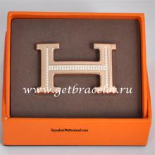 Fashion Hermes Reversible Belt 18k Rose Gold Plated H Buckle With Single Row Full Diamonds