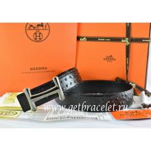 Replica High Quality Hermes Reversible Belt Black/Black Ostrich Stripe Leather With 18K Black Gold Idem Buckle