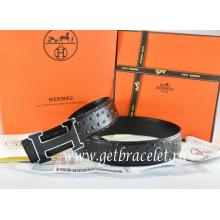 Replica Hermes Reversible Belt Black/Black Ostrich Stripe Leather With 18K Black Gold Width H Buckle