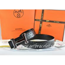 Faux High End Hermes Reversible Belt Black/Black Ostrich Stripe Leather With 18K Black Silver Narrow H Buckle