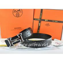 Fake High Quality Hermes Reversible Belt Black/Black Ostrich Stripe Leather With 18K Black Silver White Logo H Buckle