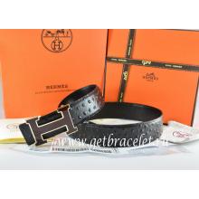 AAA Hermes Reversible Belt Black/Black Ostrich Stripe Leather With 18K Black Silver Width H Buckle