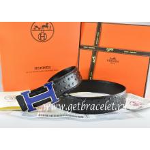 Hermes Reversible Belt Black/Black Ostrich Stripe Leather With 18K Blue Gold Width H Buckle