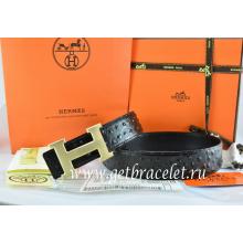 Hermes Reversible Belt Black/Black Ostrich Stripe Leather With 18K Drawbench Gold H Buckle