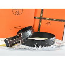 Replica High Quality Hermes Reversible Belt Black/Black Crocodile Stripe Leather With18K Black Gold Width H Buckle