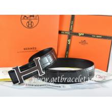 Hermes Reversible Belt Black/Black Crocodile Stripe Leather With18K Black Silver H Buckle Replica