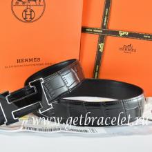 Perfect Hermes Reversible Belt Black/Black Crocodile Stripe Leather With18K Black Silver Width H Buckle