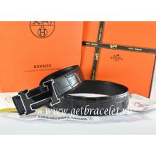 Perfect Hermes Reversible Belt Black/Black Crocodile Stripe Leather With18K Black Silver Width H Buckle