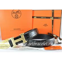 Hermes Reversible Belt Black/Black Crocodile Stripe Leather With18K Drawbench Gold H Buckle