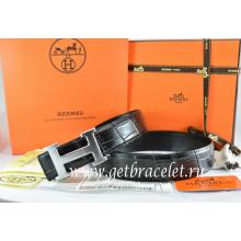 Faux High End Hermes Reversible Belt Black/Black Crocodile Stripe Leather With18K Drawbench Silver H Buckle