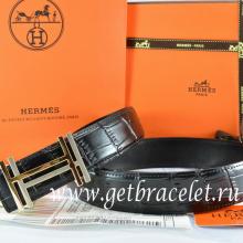 Hermes Reversible Belt Black/Black Crocodile Stripe Leather With18K Gold H Au Carre Buckle Replica