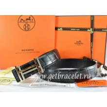 Hermes Reversible Belt Black/Black Crocodile Stripe Leather With18K Gold H Au Carre Buckle Replica