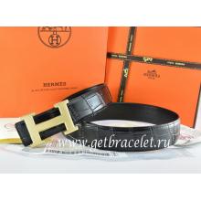 Replica Hermes Reversible Belt Black/Black Crocodile Stripe Leather With18K Gold Wave Stripe H Buckle