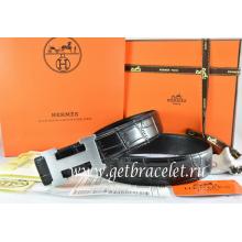 Hermes Reversible Belt Black/Black Crocodile Stripe Leather With18K Silver H Buckle