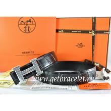 Hermes Reversible Belt Black/Black Crocodile Stripe Leather With18K Silver Wave Stripe H Buckle