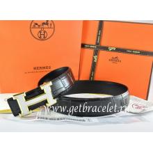 Hermes Reversible Belt Black/Black Crocodile Stripe Leather With18K White Gold H Buckle