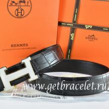 Hermes Reversible Belt Black/Black Crocodile Stripe Leather With18K White Silver H Buckle