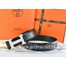 Hermes Reversible Belt Black/Black Crocodile Stripe Leather With18K White Silver H Buckle