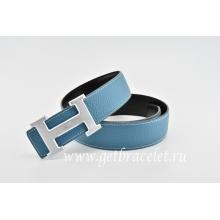 Hermes Reversible Belt Blue/Black Classics H Togo Calfskin With 18k Silver With Logo Buckle