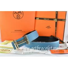 Hot Replica Hermes Reversible Belt Blue/Black Togo Calfskin With 18k Gold Double H Buckle