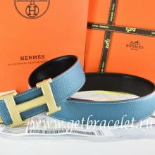 Luxury Faux Hermes Reversible Belt Blue/Black Togo Calfskin With 18k Gold Wave Stripe H Buckle