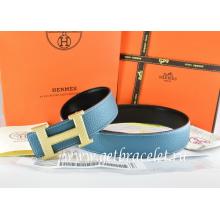 Luxury Faux Hermes Reversible Belt Blue/Black Togo Calfskin With 18k Gold Wave Stripe H Buckle