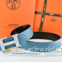 Hermes Reversible Belt Blue/Black Togo Calfskin With 18k Silver Wave Stripe H Buckle