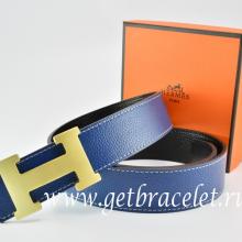 Faux Hermes Reversible Belt Dark Blue/Black Togo Calfskin With 18k Gold H Buckle