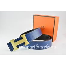 Faux Hermes Reversible Belt Dark Blue/Black Togo Calfskin With 18k Gold H Buckle