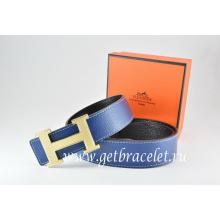 Faux Hot Hermes Reversible Belt Dark Blue/Black Togo Calfskin With 18k Silver Wave Stripe H Buckle