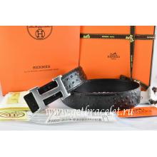 Hermes Reversible Belt Black/Black Ostrich Stripe Leather With 18K Drawbench Silver H Buckle Replica