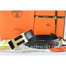 Replica Cheap Hermes Reversible Belt Black/Black Ostrich Stripe Leather With 18K Gold Bamboo Strip Logo H Buckle