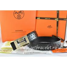 Hermes Reversible Belt Black/Black Ostrich Stripe Leather With 18K Gold Big H Buckle