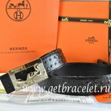 Replica AAA Hermes Reversible Belt Black/Black Ostrich Stripe Leather With 18K Gold Coach Buckle