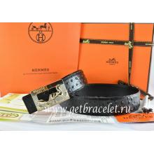 Replica AAA Hermes Reversible Belt Black/Black Ostrich Stripe Leather With 18K Gold Coach Buckle