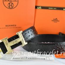 Replica High End Hermes Reversible Belt Black/Black Ostrich Stripe Leather With 18K Gold Geometric Stripe H Buckle