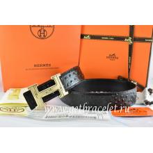 Replica High End Hermes Reversible Belt Black/Black Ostrich Stripe Leather With 18K Gold Geometric Stripe H Buckle