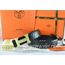 Knockoff Hermes Reversible Belt Black/Black Ostrich Stripe Leather With 18K Gold H Buckle