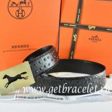 Wholesale Hermes Reversible Belt Black/Black Ostrich Stripe Leather With 18K Gold Hollow Horse Buckle