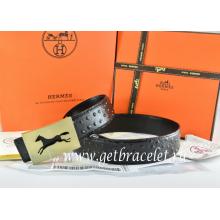 Wholesale Hermes Reversible Belt Black/Black Ostrich Stripe Leather With 18K Gold Hollow Horse Buckle