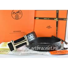 Hermes Reversible Belt Black/Black Ostrich Stripe Leather With 18K Gold Idem Buckle Replica