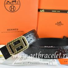 1:1 Hermes Reversible Belt Black/Black Ostrich Stripe Leather With 18K Gold Lace Strip H Buckle
